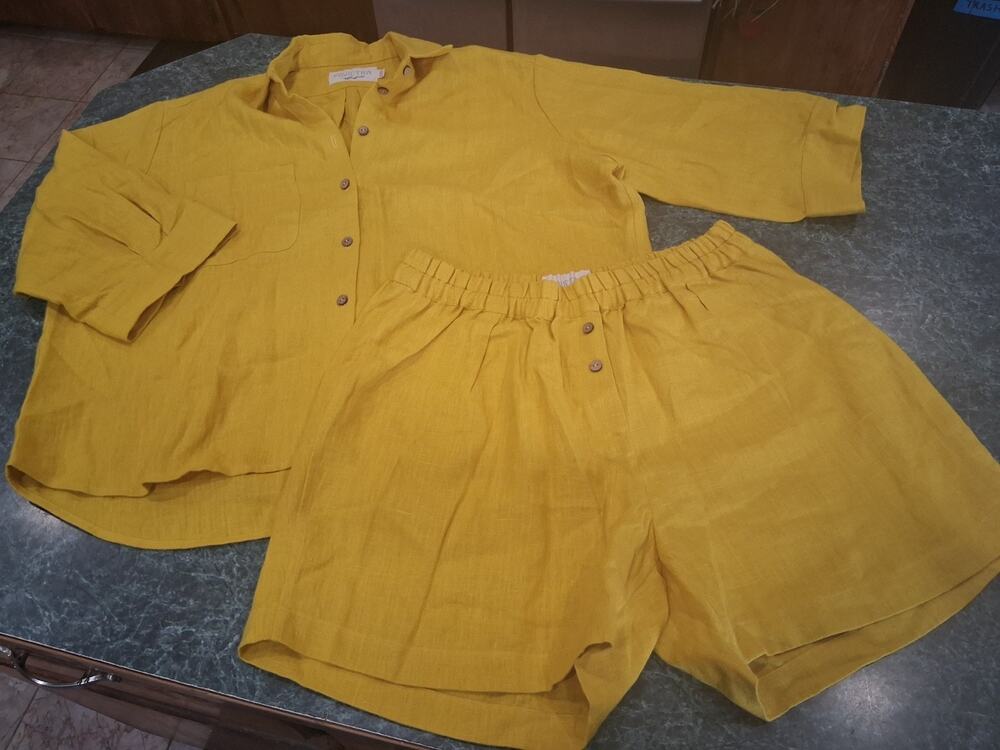 Pavietra 100% Linen Shorts Top Set Elastic Waist Plus Sz 2X Handmade Poland New